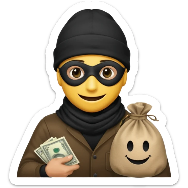 smiley robber wears black eye mask and black beanies with one money bag beside him sticker