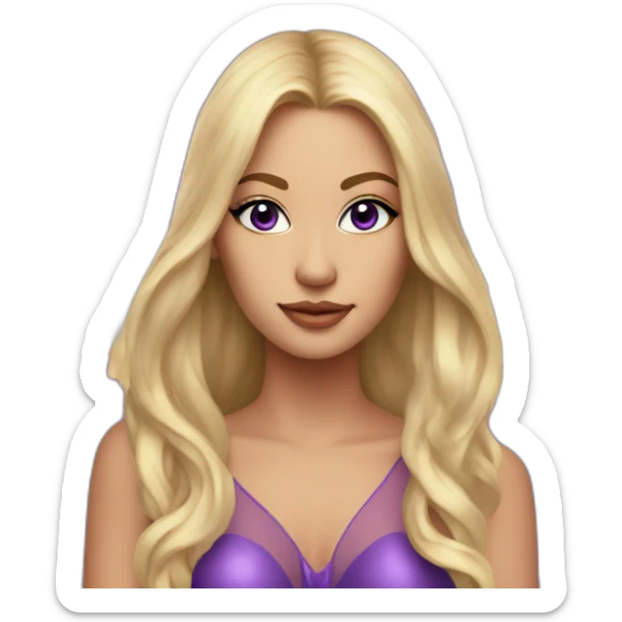woman with long blonde hair, with angel wings behind her, in a fancy purple dress, with purple eye shadow, sticker