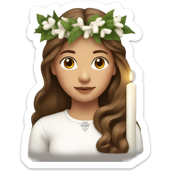 brown long haired women with white round neck shirt and spur wreath the head white candle on top of the wreath sticker