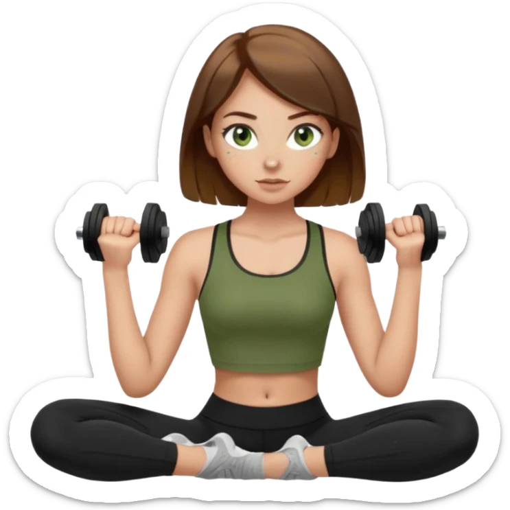 Girl with green eyes, brown hair that goes to her elbows, light skin, and freckles wearing an olive green crop top with black leggings working out, she has light gorgeous lashes sticker