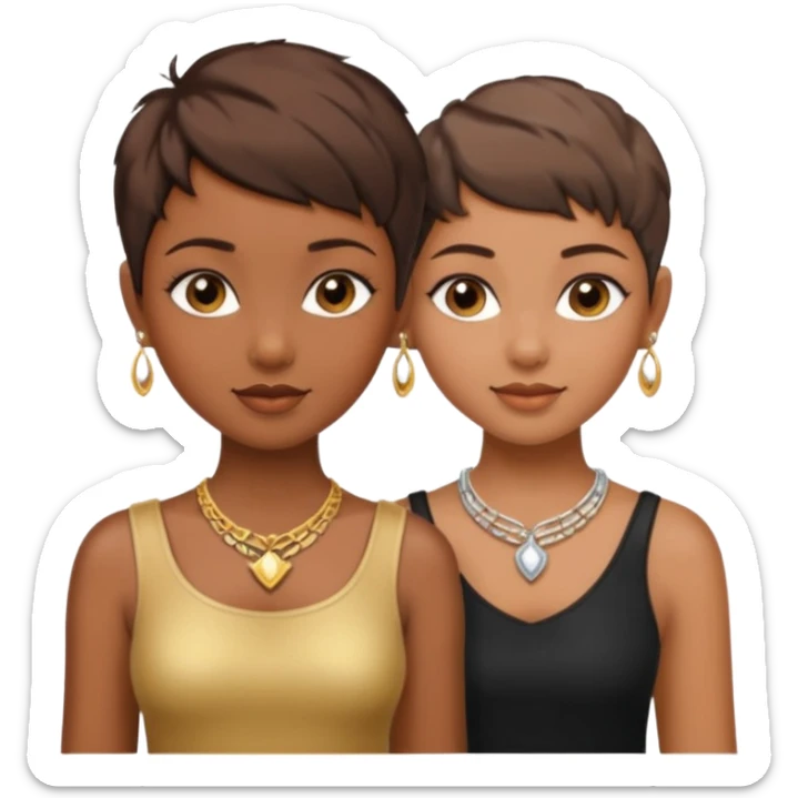 One black girl and one light brown girl and brown colored besties with brown hair pixie cuts wearing jewelry  both brown hair  sticker