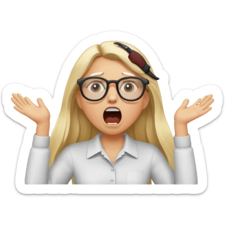 blonde girl with long hair, white glasses, shouting bad words sticker