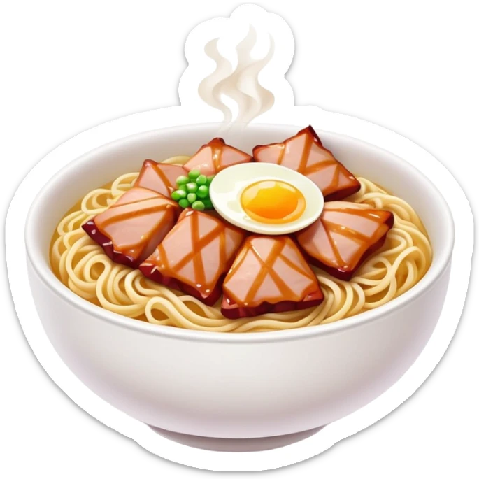 Cantonese Wonton Noodles with char siu pork, simplified emoji style with bold outlines and bright colors, cartoon style Hong Kong style thin egg noodles sticker