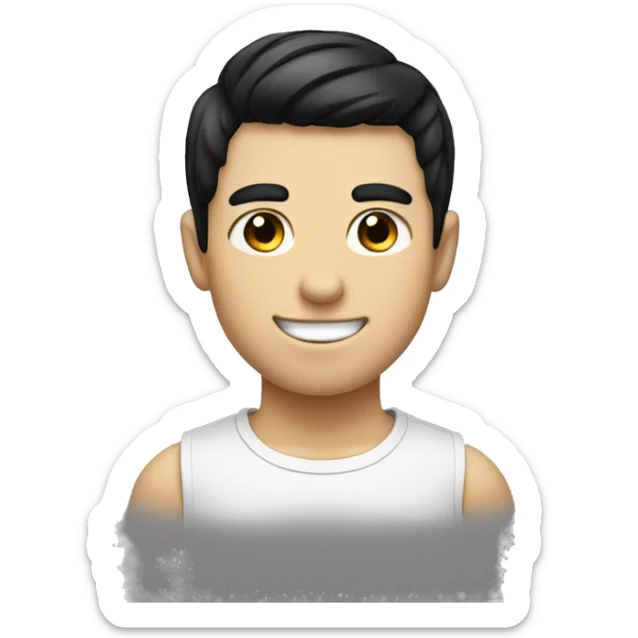 "Generate an emoji of a boy with white skin and short black hair. Make sure his expression is in smile and approachable!" sticker