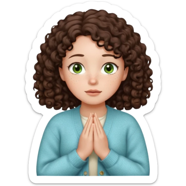 young girl in cozy cardigan milky blue tones, green eyes wide open, freckles, plump lips, dark brown curly hair below shoulders, hands folded in prayer or gratitude, looking forward, emoji style sticker