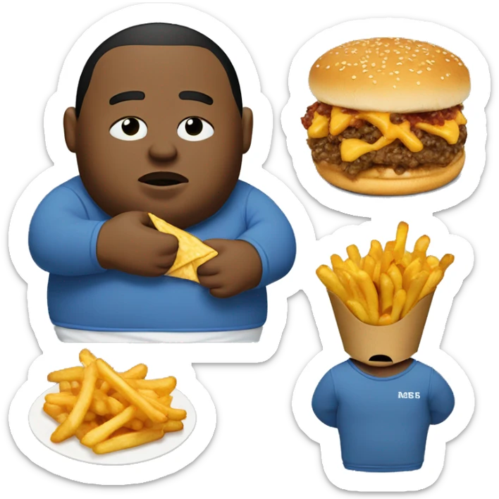 fat man in dirty blue sweatsuit with chili cheese fries in his mouth sticker