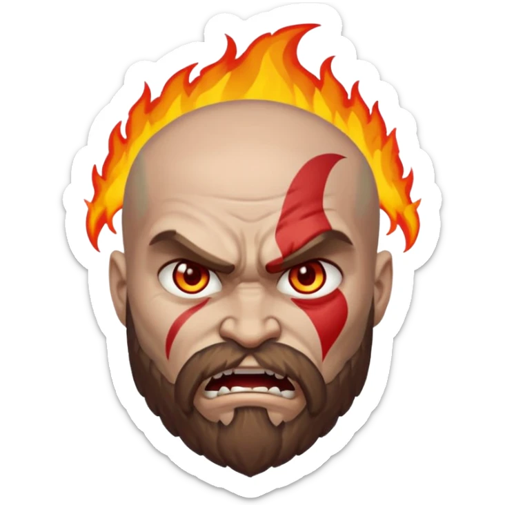A custom emoji design of "Kratos" from "God of War", "Rage mode with fire eyes", "Apple Emoji Style", isolated on white background, clean lines, high quality sticker style, vector graphics, minimalistic sticker