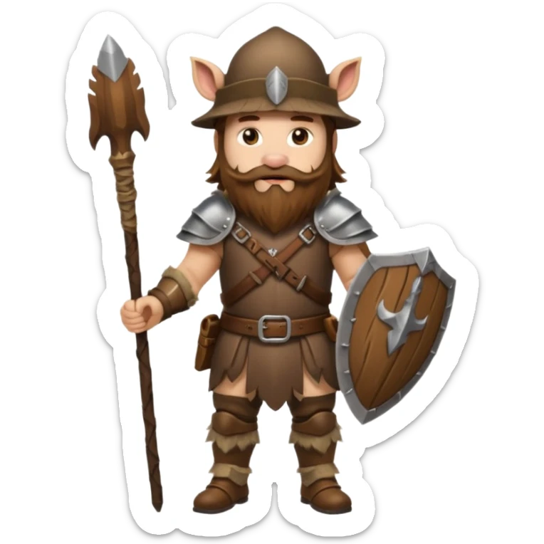 full body man long brown hair brown eyes medium beard white skin wearing boar hat and bark armor sticker
