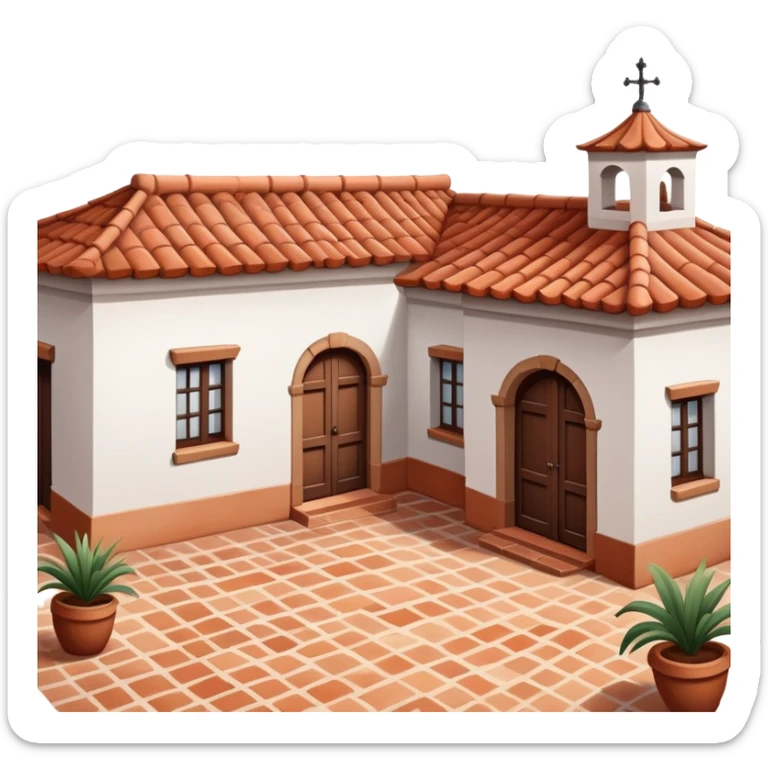 Traditional Spanish hacienda with white walls, terracotta roof, iron details, and small courtyard sticker