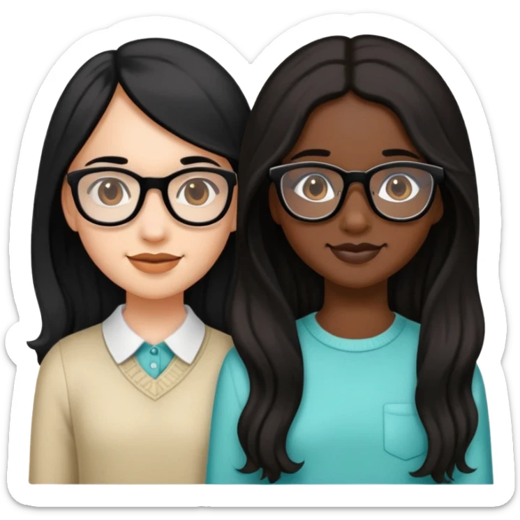 Make two girls. The first one with black glasses and long, straight, black hair, also with braces. The second one has dark skin, but flesh. Her hair is long and brown, a little wavy, and has some volume. sticker