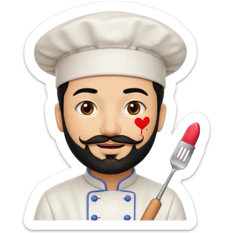 CHEF CON PELO NEGRO Y BARBA NEGRA, OJOS MARRON OSCURO. SONRIE Y TIENE MARCAS DE BESOS CON PINTALABIOS EN FORMA DE LABIOS sticker