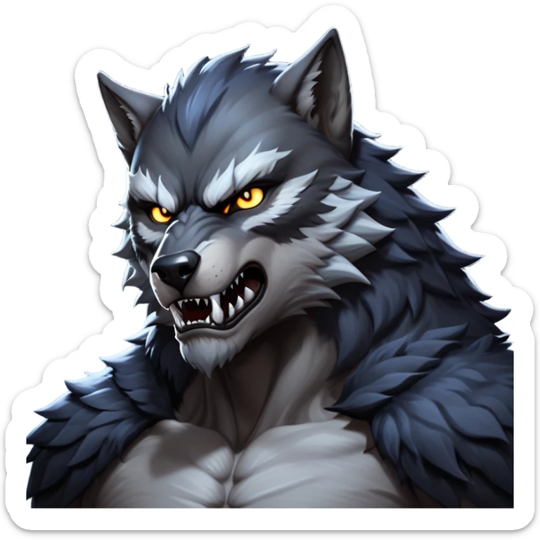 cinematic-noble-fierce-werewolf-portrait-emoji, poised-and-imposing, with a tall, slender yet muscular frame inspired by the brutal, imposing shape of the beast from Berserk, fur rippling in shades of midnight black and silver, eyes glowing with an intense, primal ferocity, reflecting the untamed power of the wild moonlit night; rendered with realism sticker