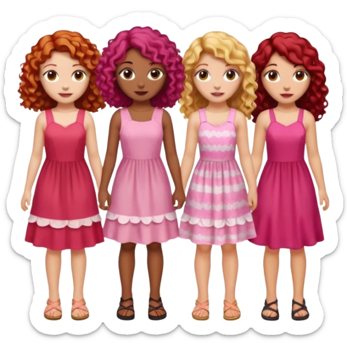5 girls  curly redhead, one with brunette dyed blonde hair, one long haired wavy brunette, one mid-length haired brunette, and one black haired girl with partially dyed bright red/pink hair sticker