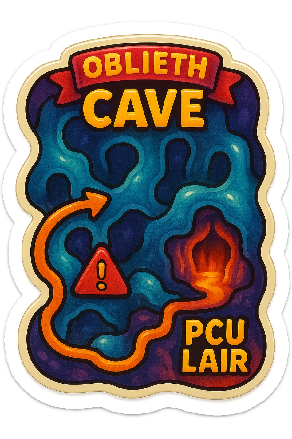 a hand drawn map of how to navigate the Oblieth cave system to find the PCU Lair sticker