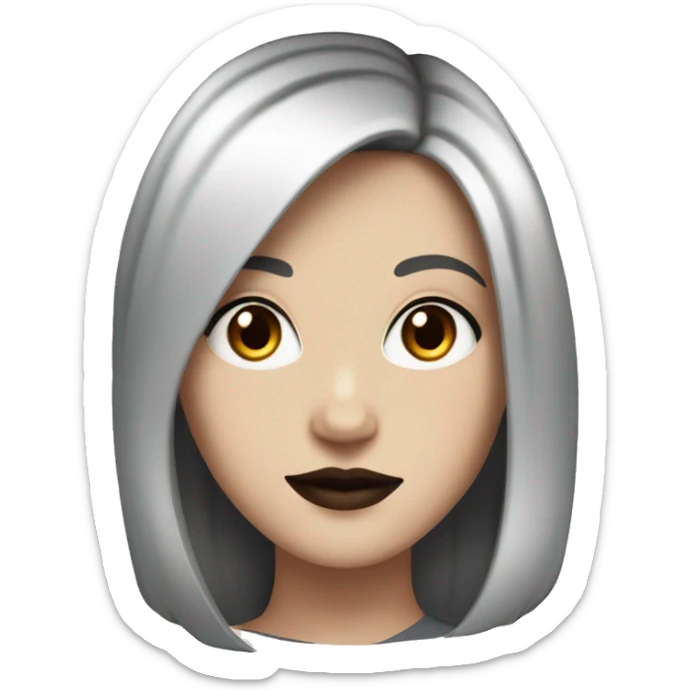 White Girl with black shoulder length way hair with brown eyes and red lips with a black top sticker