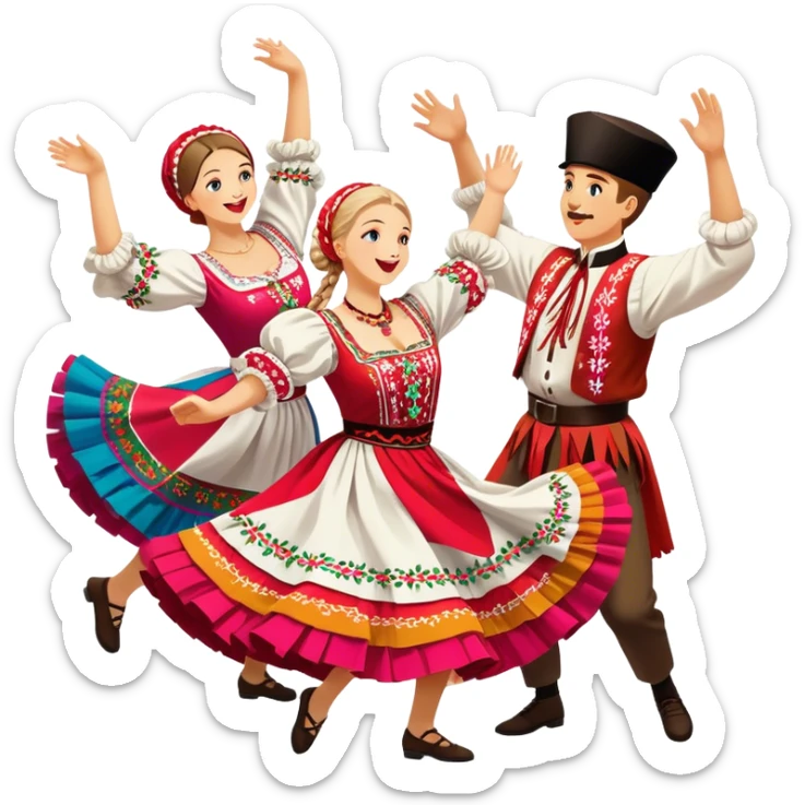 Cinematic Realistic Mazurka Dance Emoji, depicted as a lively traditional Polish folk dance scene with colorful costumes and spirited movement, rendered with dynamic textures and vibrant festive lighting that captures its rhythmic energy. sticker