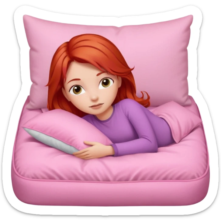 Red hair girl laying in a pink bed with pillow sticker