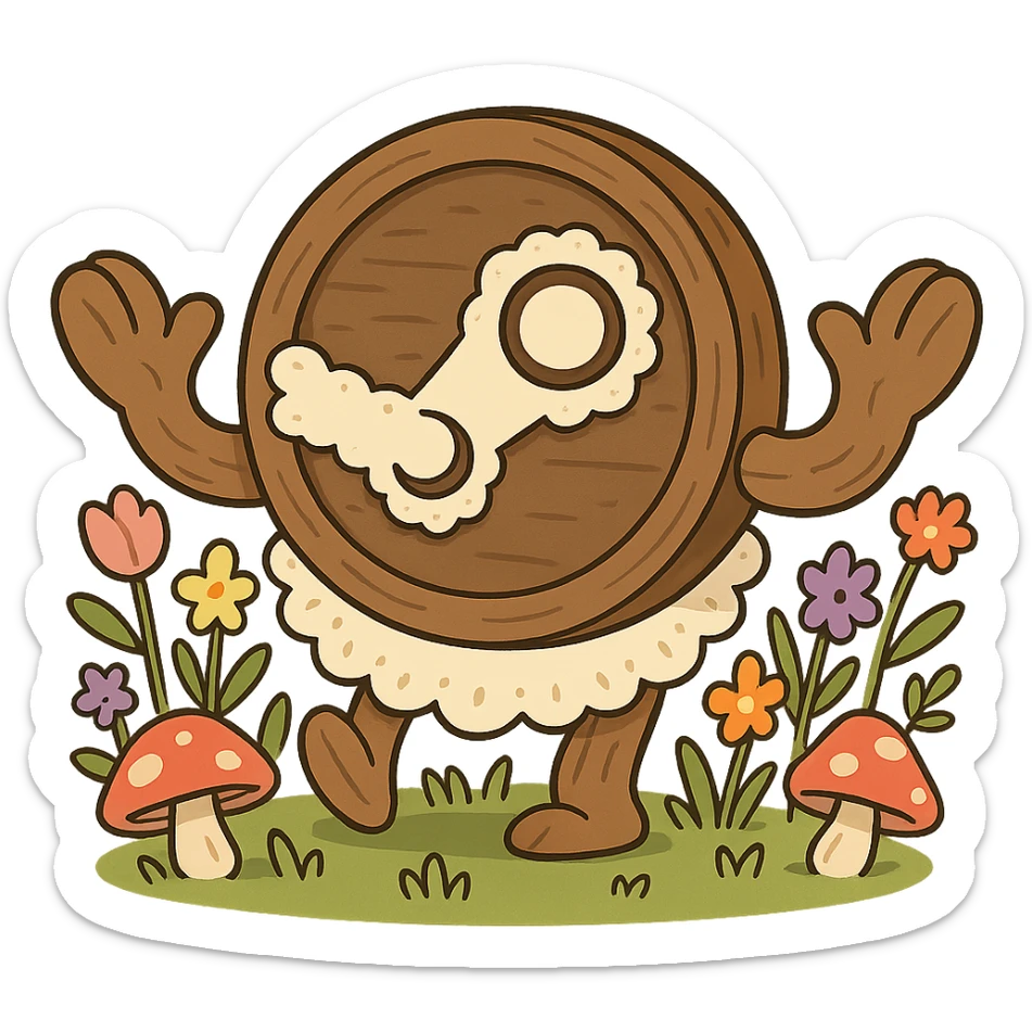 cartoonier cottagecore Steam logo: circle and arms made of exaggerated rounded wood, oversized lace, bright pastel wildflowers, cute mushrooms, whimsical playful cozy, no text sticker