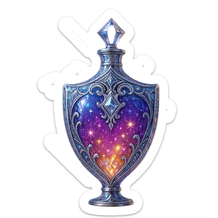 išskirtinai prabangus eliksyro buteliukas, skydo forma, sodri spalvų gradacija, daugiasluoksniai holografiniai ir sidabriniai ornamentai, kristalo tekstūra, daug magiškų švytėjimų ir žėrėjimo, šviesos spinduliai, labai mažas kaklelis, dailus vientisas dugnas, skaidrus fonas, buteliukas plūduriuoja ore, be pagrindo ar šešėlio, modernus, kolekcijai tinkamas, ypatingai gražus sticker