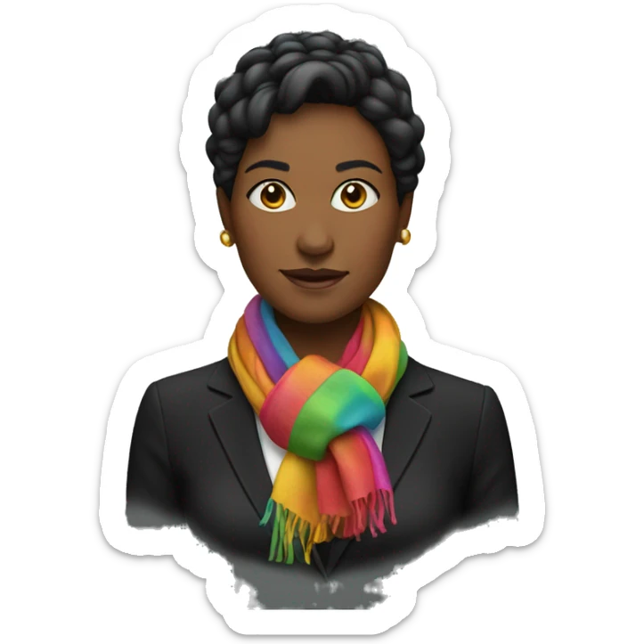 woman in a black suit with colofrul scarf around the neck instead of tie sticker