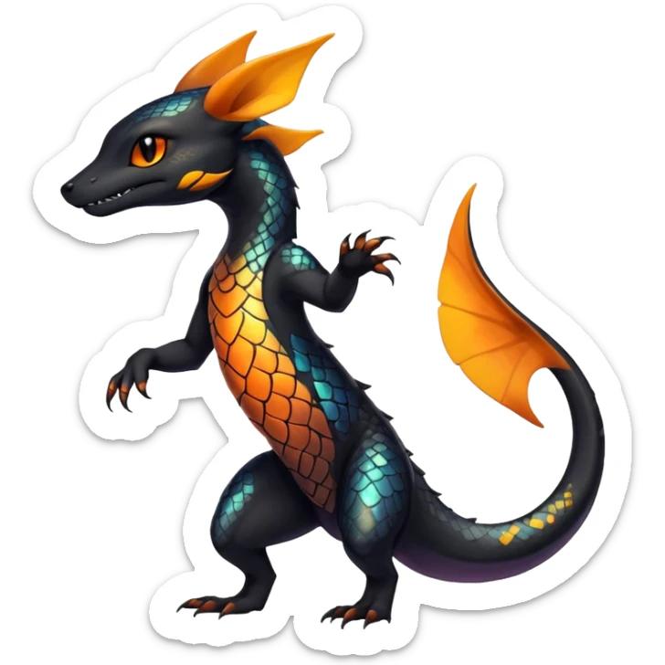 Colorful Iridescent Exotic Black and Orange Salandit-Aurorus-Umbreon-Fakémon-hybrid-creature (full body)  sticker