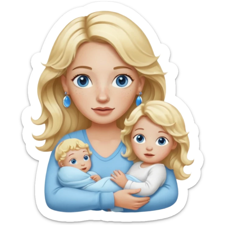 Wavy blonde, white woman with blue eyes, freckles hoop earrings, holding babies sticker