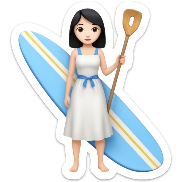 Princess who wearing white dress (woman) black hair holding her phone and long shovel with another hand. She is standing on her feet, there is one blue surfing board. sticker