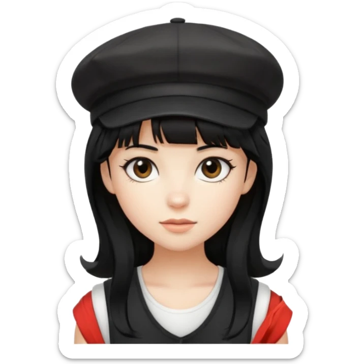 pinterst girl with heavy bang, black long hair and black newsboy cap on her hat, wearing white sleeveless  sticker