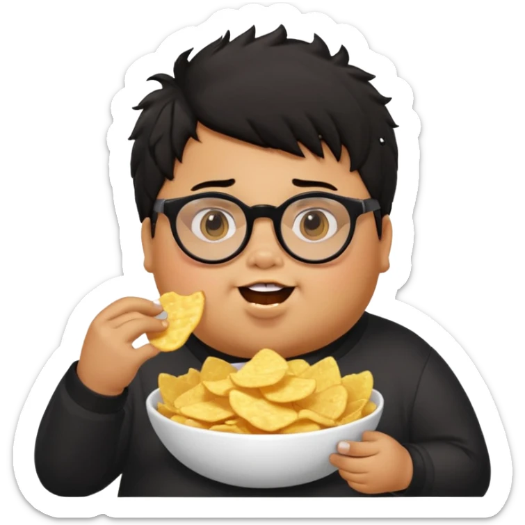 generate a pretty bratz boy with spectacles on, fat, tan. Black hair messy. eating chips sticker