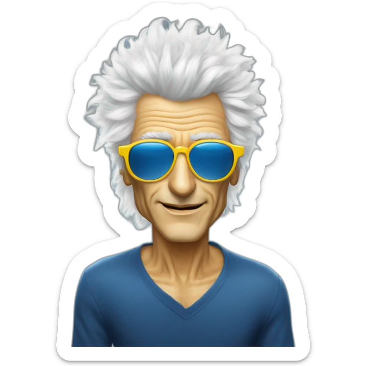 michel polnareff avec des lunettes de soleil blanches, des cheveux longs jaunes, vieux, avec un costume bleu et expression de visage neutre sticker