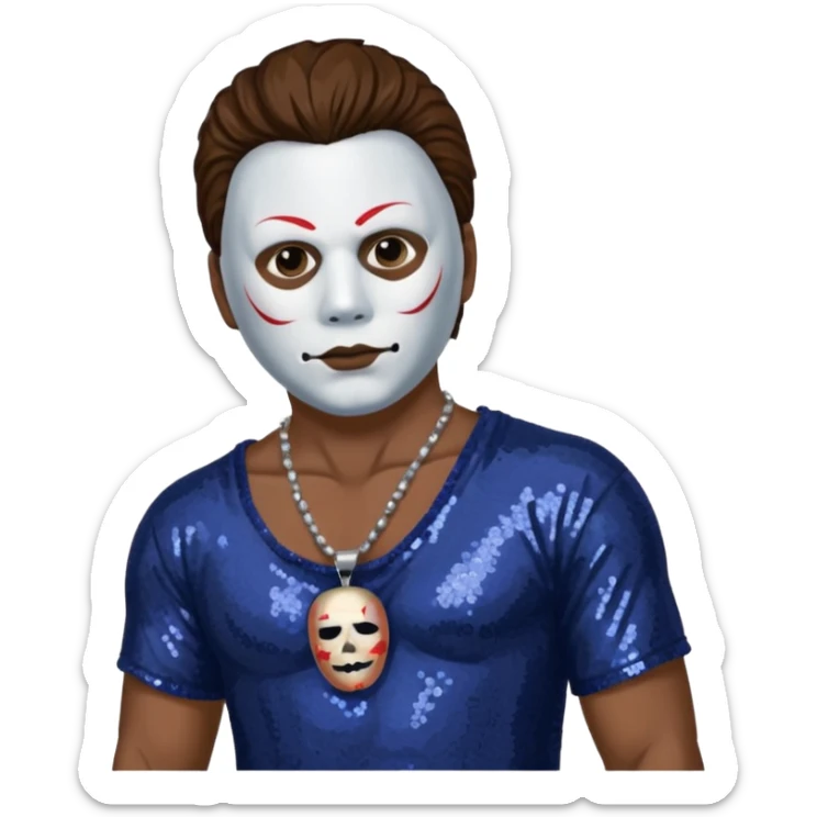 Michael Myers with white mask with brown hair, indigo sequin baggy pants, shirtless with necklace sticker