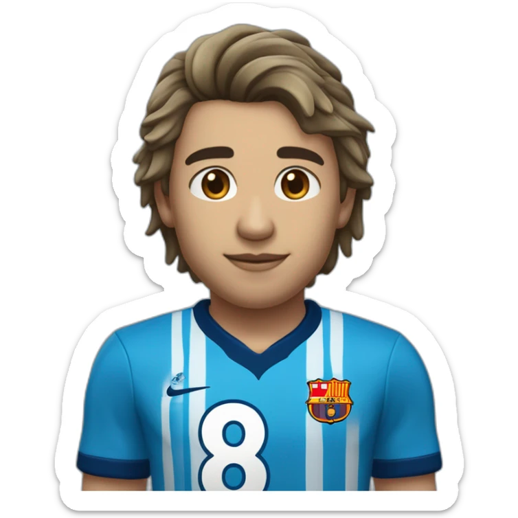 Futbolista español de 16 con camiseta azul marina y una franja azul clara en los hombros. Con el número 8 en la camiseta. Un solo 8 y que ponga PLAZA sticker