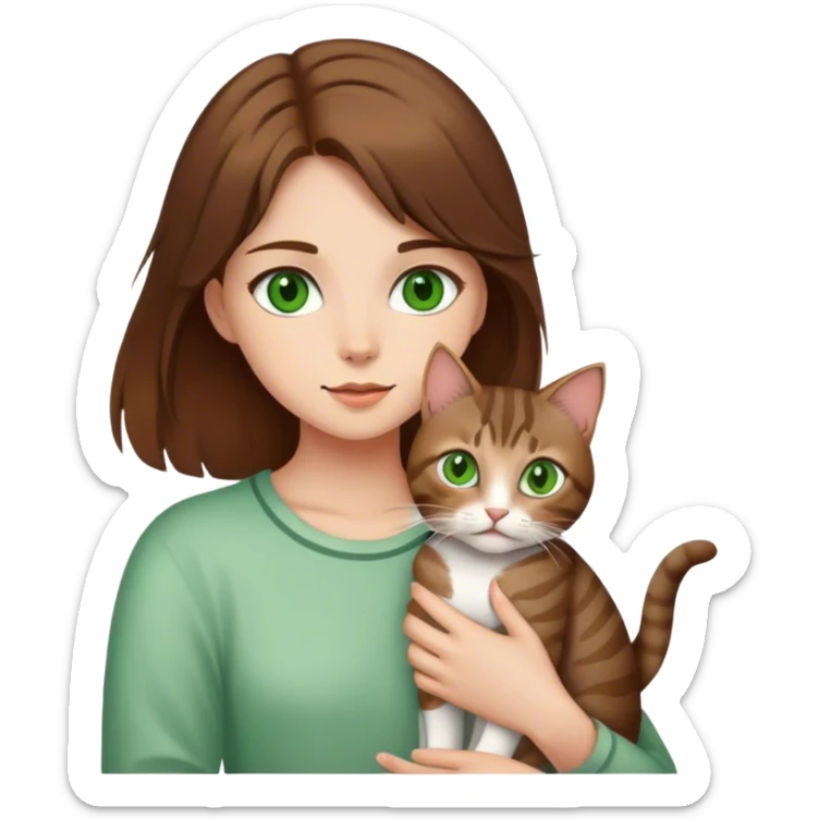 white girl with brown hair green eyes holding a tabby cat sticker