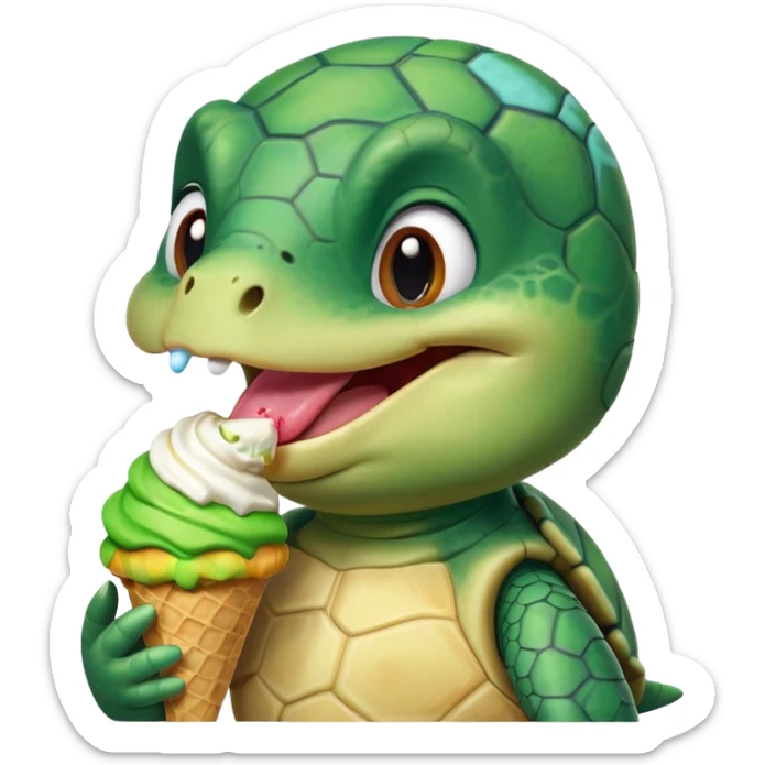 cute turtle portrait, head and shoulders only, licking an ice cream cone, funny happy expression, 3D cartoon, mobile game icon style, clean background, no text, no watermark
 sticker
