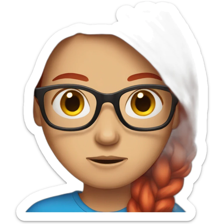 female with long bright red hair and glasses angry with blue eyes and red shirt sticker