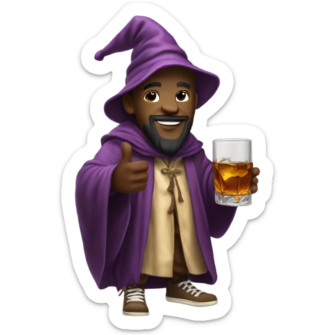 A wizard wearing wavy robes and Jordan sneakers drinking a glass of whiskey in the rain sticker