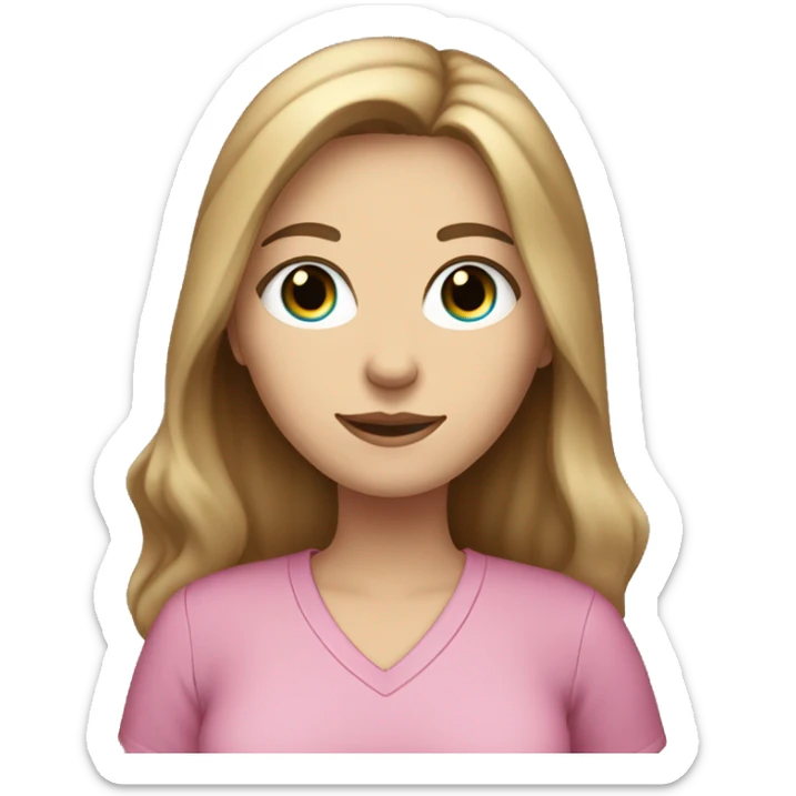 White woman with blue eyes and long dark hair wearing a pink shirt and holding a tabby cat sticker