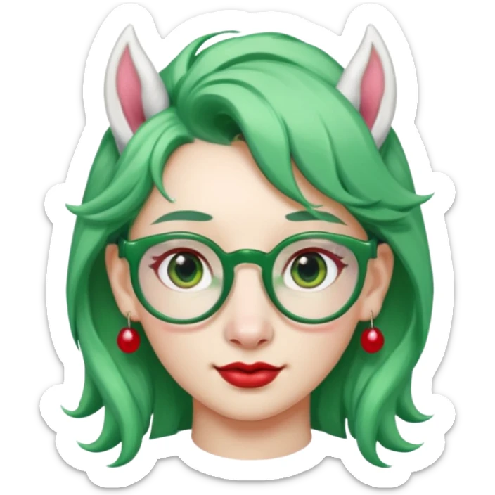 white unicorn with green hair and big red earrings looking into camera and spectacle sticker