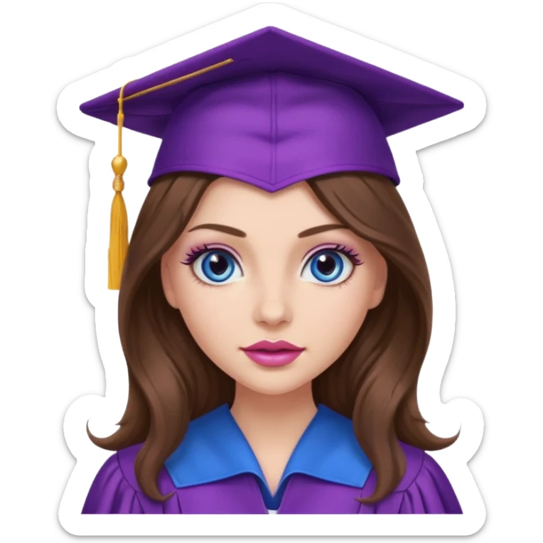 girl with very long wavy brown hair, blue eyes, long lashes makeup, sexy pink lips, wearing a purple graduation cap and gown sticker