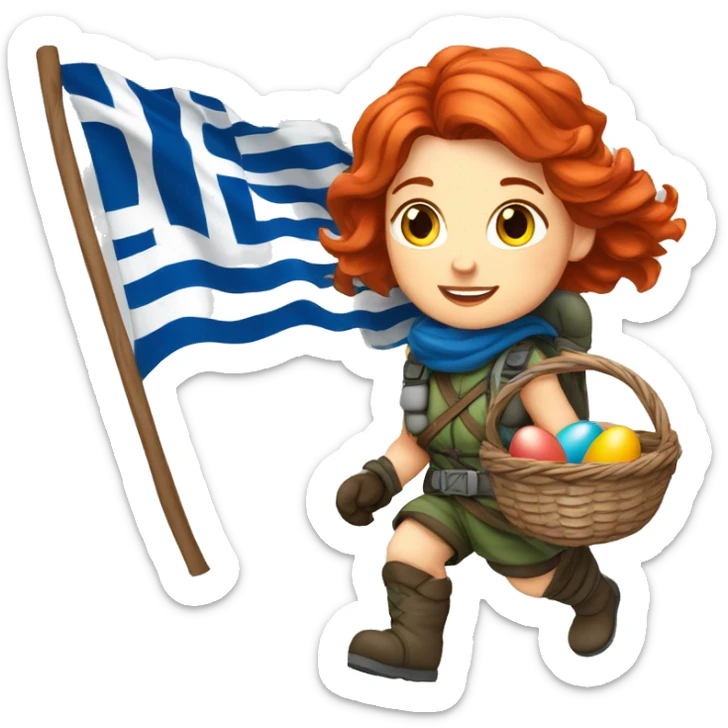Greek Female winter mountaineer red hair white skin climbing with Greek Flag and Easter eggs basket sticker