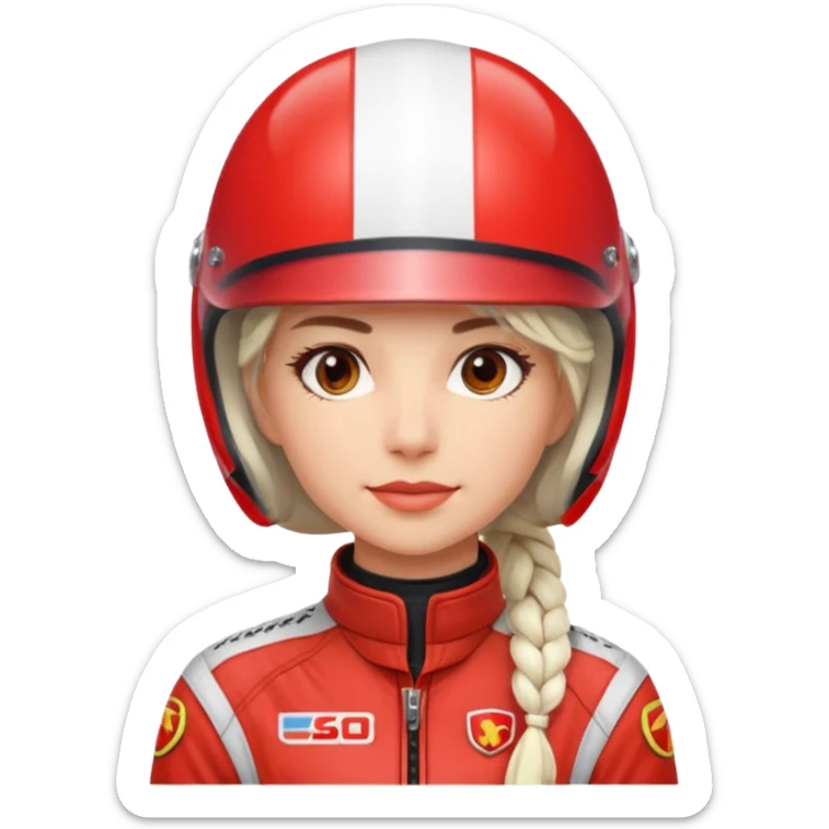 woman with white braided hair in red racer helmet sticker
