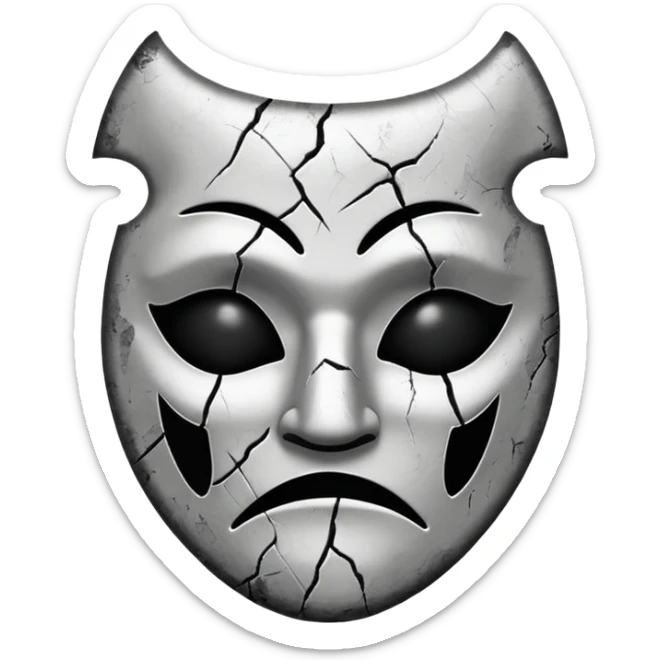 Minimalist emoji-style sticker of a sad theater mask with chipped surface, grayscale tones, one eye empty, slight burn marks

 sticker