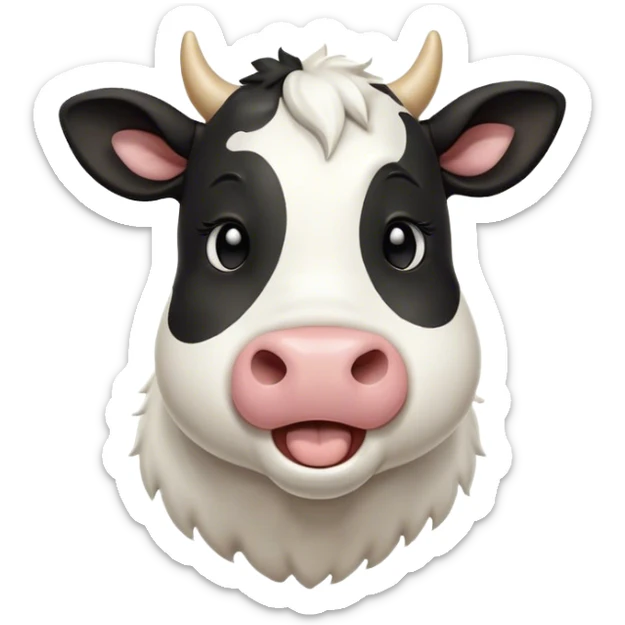 Cinematic Cute Yawning Black and White Cow Portrait Emoji, Head tilted slightly with a dramatic, wide-open yawn, showcasing a smooth, contrasting coat of black and white, floppy ears slightly drooping, round brown eyes barely open in drowsy contentment, Simplified yet irresistibly adorable features, highly detailed, glowing with a soft, cozy glow, high shine, relaxed yet expressive, stylized with a touch of modern whimsy, bright and endearing, soft glowing outline, capturing the essence of a sleepy yet affectionate cow, so drowsy it feels like it could stride out of the screen and curl up for a nap! sticker