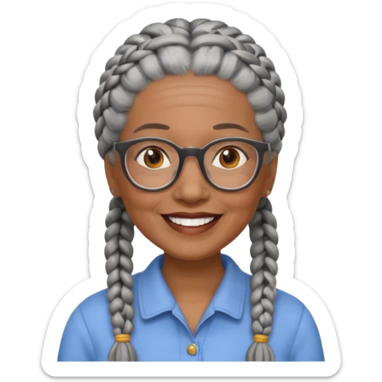 Older woman of color with gray braids, glasses and smiling sticker