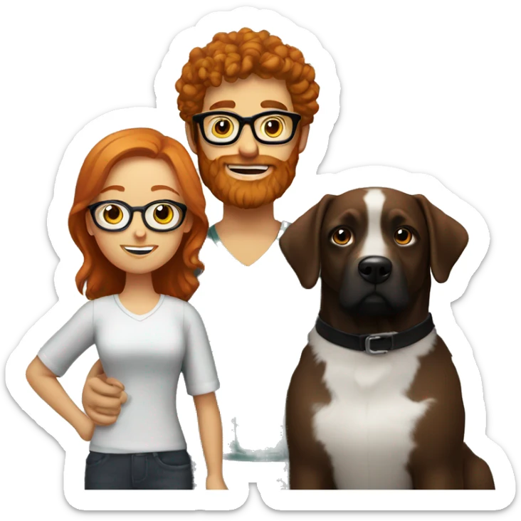 Redhead with beard and glasses standing by girl with curly hair and black dog with white chest  sticker