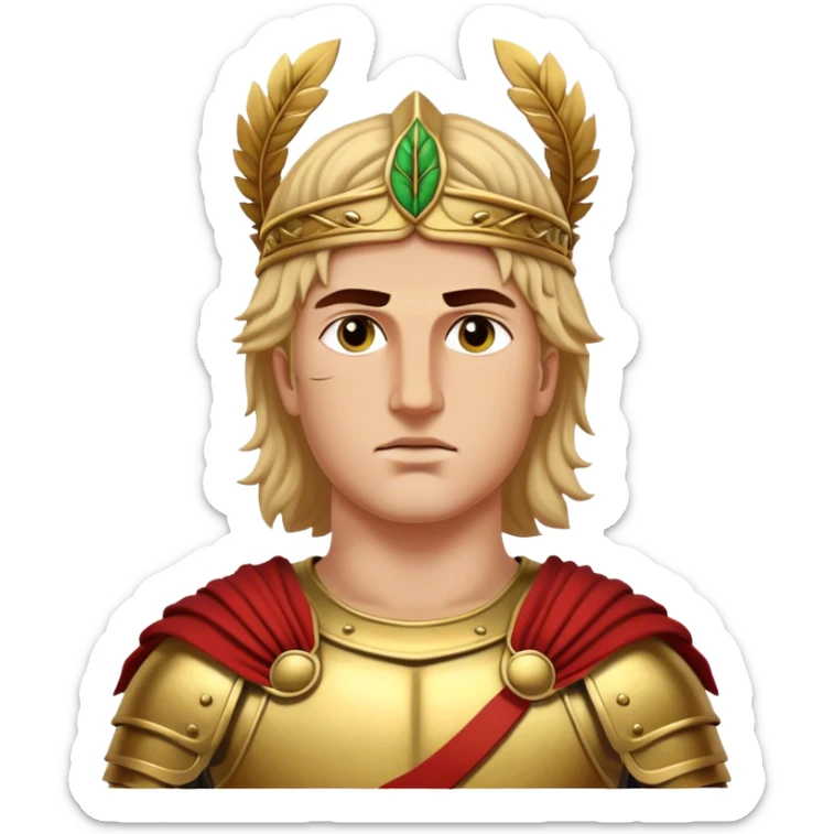 Cinematic Realistic portrait of Alexander the Great, depicted with photorealistic detail as a commanding historical conqueror, featuring sharp, lifelike facial features, meticulously rendered ancient Macedonian armor, and a laurel wreath, illuminated by natural, dramatic lighting that highlights his youthful determination and legendary presence. sticker