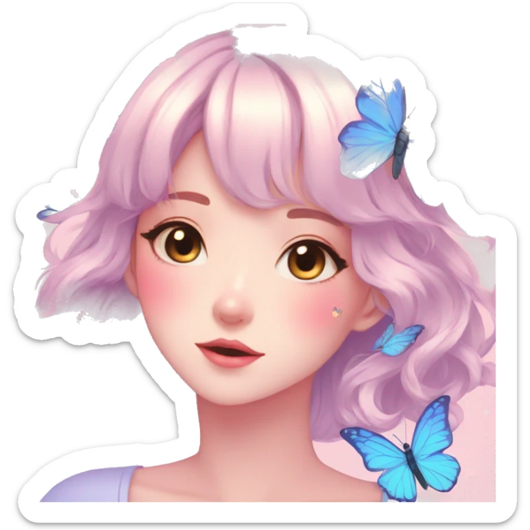 Gorgeous pastel anime style lady with blushing face and butterflies aesthetic trending style sticker