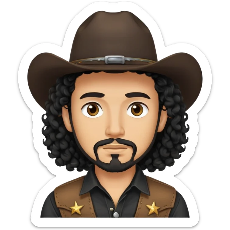 Cowboy with black long curly hair, brown eyes, tan skin and light black goatee black shirt sticker