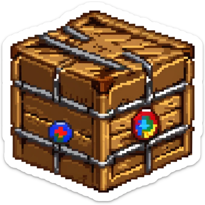 Wooden crate with metal reinforcements, color #c2410c with darker wood grain, visible wood grain texture, metal bands across the crate, slight 3D effect with shading, breakable appearance, small warning symbol, 32x32 pixels sticker