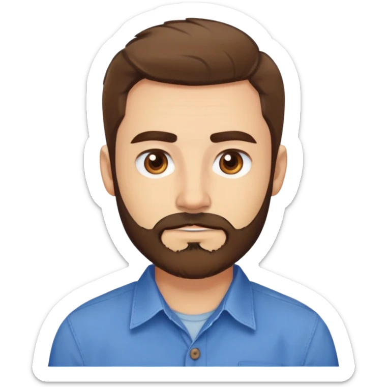 Head portrait of Puerto Rican actor René Monclova. Round face, wide jaw, light complexion. Expressive brown eyes, thick eyebrows. Short brown hair. Unkempt beard, medium length and brown. Friendly expression. Wearing a blue button-up shirt. sticker